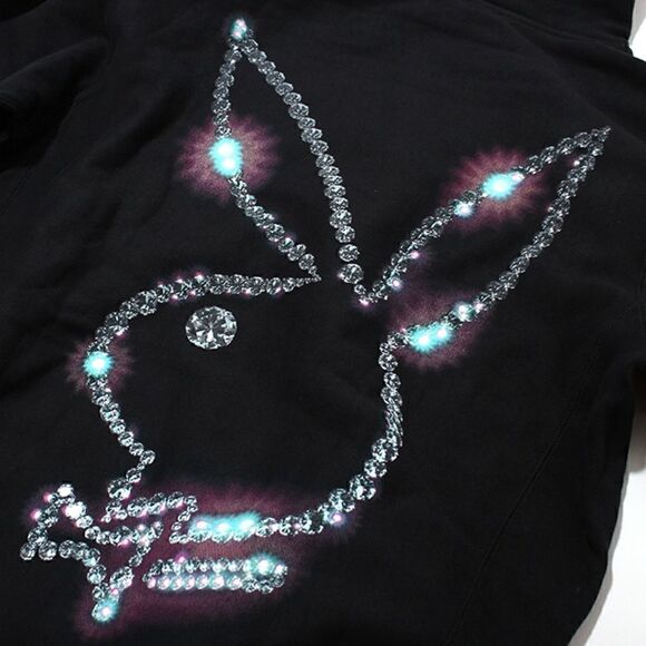 PLEASURES NWT Playboy Icy Diamonds Logo Black Hoodie Sweatshirt Size M - Picture 10 of 14